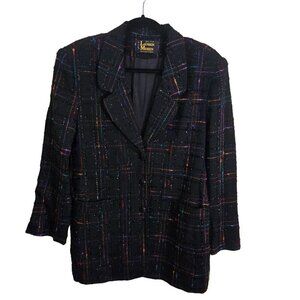 Vintage Lauren Meren Black Tweed Plaid Metallic Blazer Size 12
